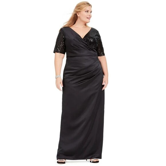 Adrianna Papell Formal Gown Maxi Dress Black Satin Sequin Long NWT Glam 16W - Picture 14 of 16